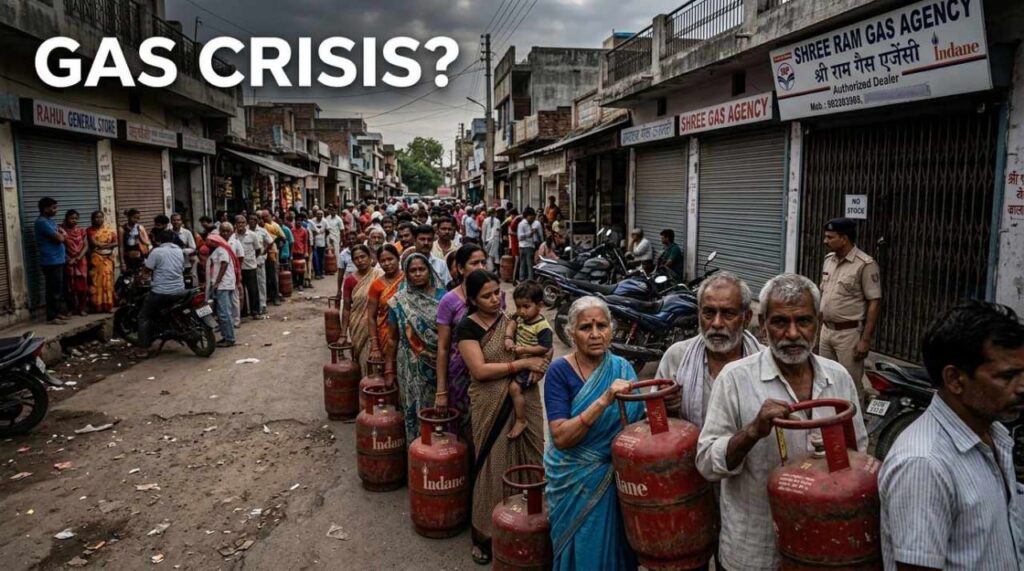 Indian people standing in a long queue with LPG gas cylinders outside a gas agency during a potential fuel supply crisis