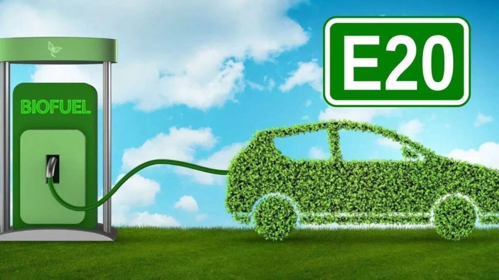 India’s shift towards E20 biofuel strategy E20 biofuel concept with green car and fuel station