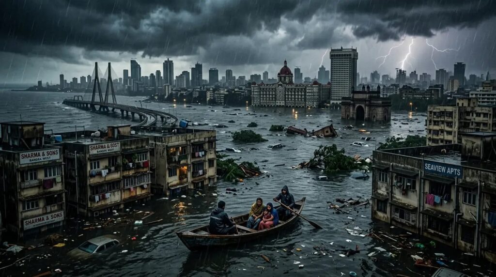 city subbmerged Flooded residential area with houses submerged in water due to heavy rainfall and sea rise