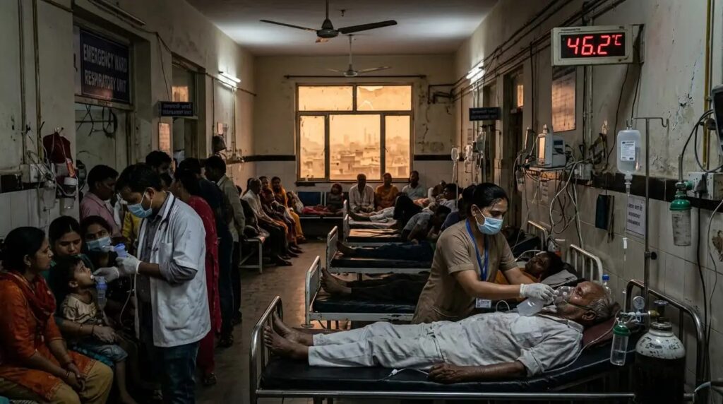 health crisis Overcrowded Indian hospital with patients suffering due to extreme heat and pollution