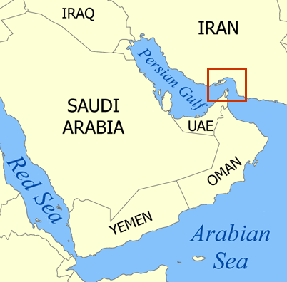 Map showing the Strait of Hormuz between Iran and Oman, a critical chokepoint for global oil transportation.