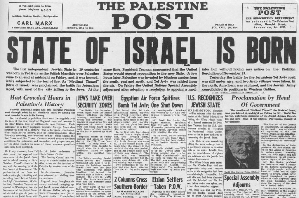 The creation of Israel 1948 newspaper headline State of Israel is born historical event