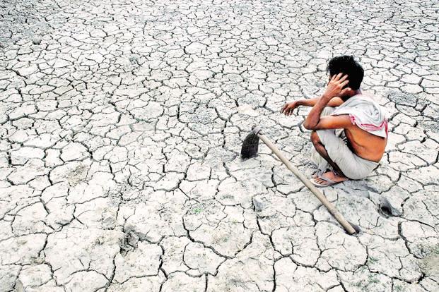fields drought scenes Farmer sitting on barren cracked land during severe drought in India